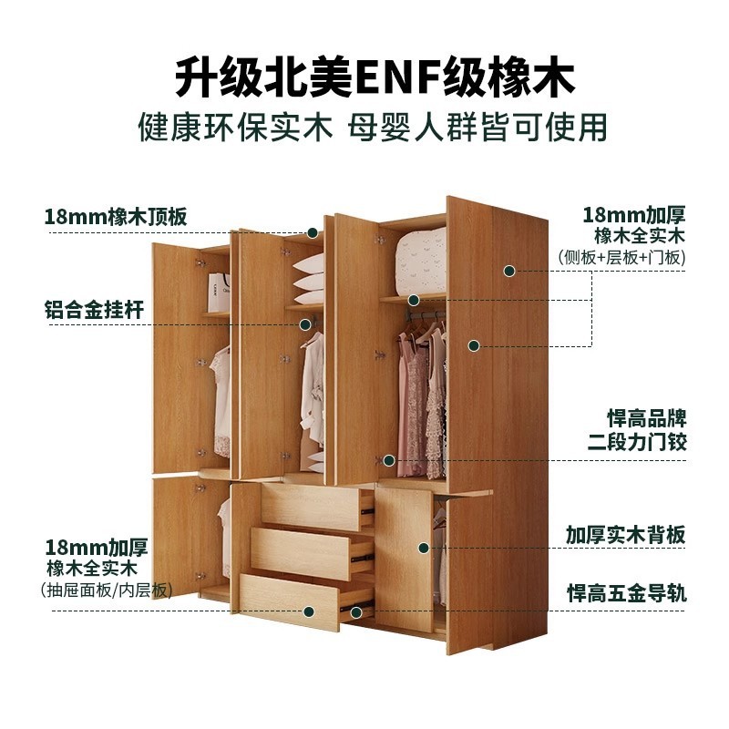 全实木ENF级橡木衣柜原木风家用现代简约柜子分段式免拉手大衣橱|undefined