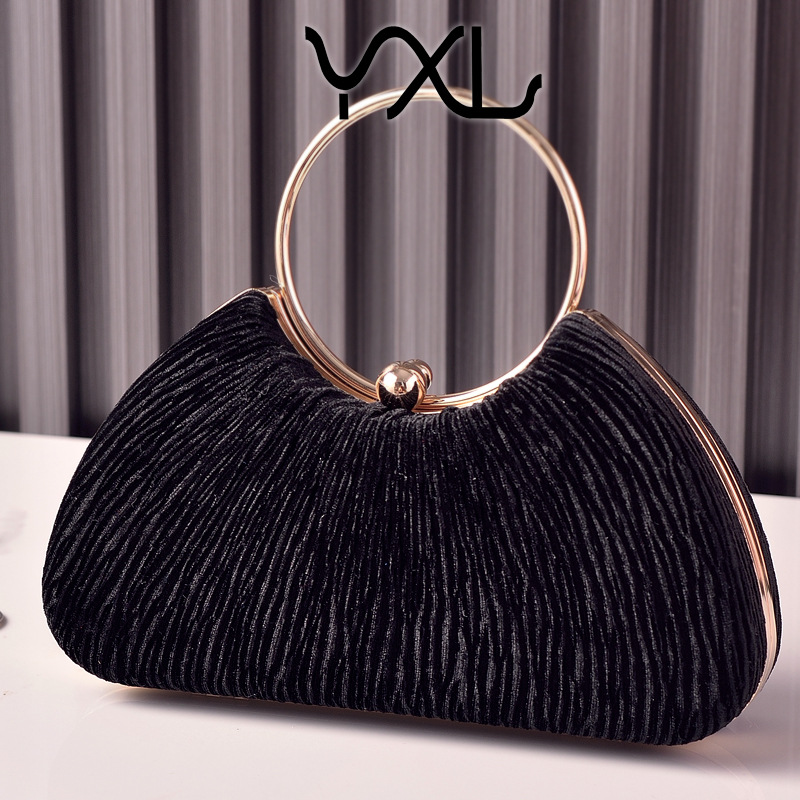 Nuevo bolso de fiesta de terciopelo transfronterizo, bolso de cena portátil con anillo de metal, vestido de fiesta plateado arrugado, bolso de cadena, bolso femenino