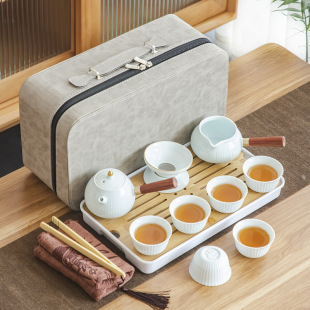 Chinese-Style Travel Ceramic Kung Fu Tea Set, Cheap Side-Handle Teapot Set with Six Cups and Tea Tray, Creative Business Gift with Logo