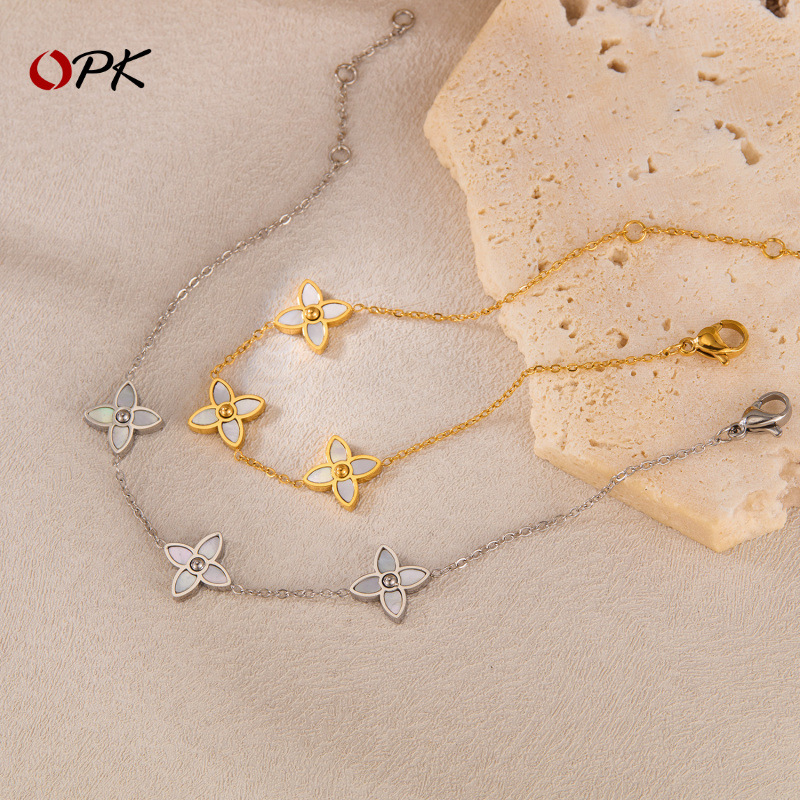 OPK European and American INS Style Fashion All-match Titanium Steel Lucky Grass Light Luxury High-end Sense White Mother-shell Stainless Steel Bracelet for Women