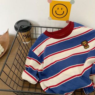 Men's Long-sleeved T-shirt Loose Fashionable Spring Children's Pure Cotton Breathable Striped Stylish T-shirt Top Trendy Cartoon Monkey