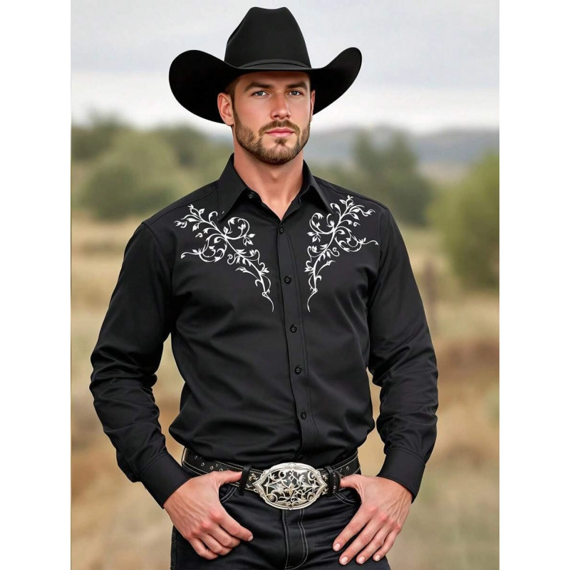 25 Cross-Border European and American Western Men's Shirts Cross-Border Amazon Casual Shirts Four-Way Elastic Printed Anti-Wrinkle Long-Sleeved Shirts
