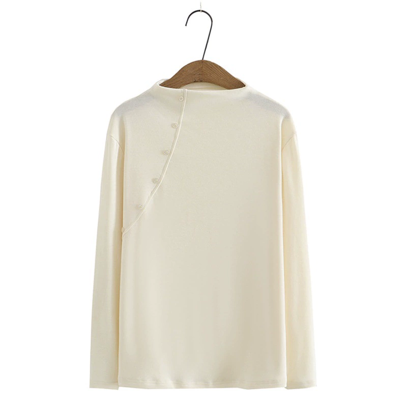 Осень 2023 Новый Топ больших размеров, универсальная модная эластичная футболка с пряжкой для ногтей и высоким воротником, Базовая рубашка 3006