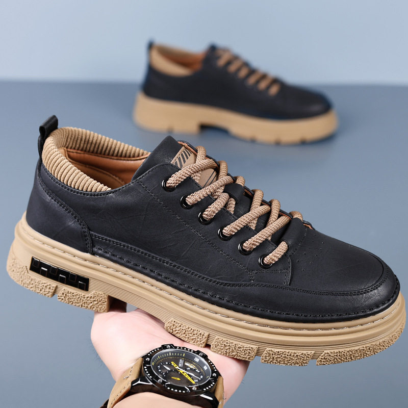 Giày da nam đế dày phong cách retro, mũi tròn, thủ công, đa năng — PZ6665 Kaki, PZ6665 màu đen