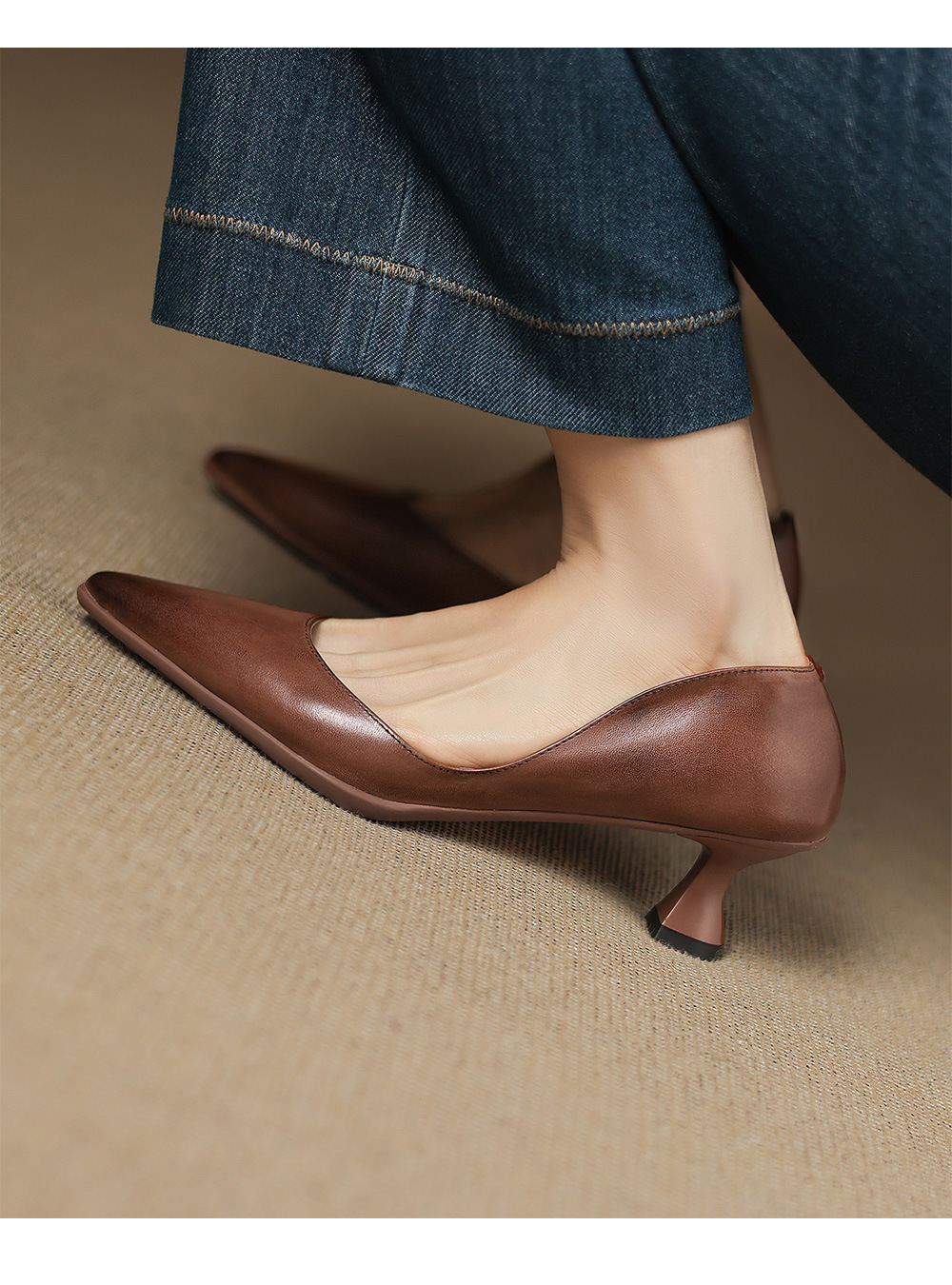 Giày cao gót nữ mũi nhọn da bò 5 cm phong cách Hàn Quốc đế mềm — màu nâu chi tiết 9