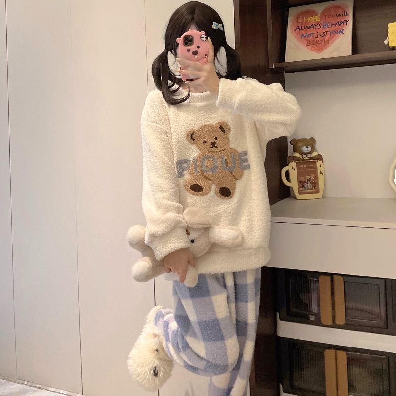 Korean-style Cute Bear Plush Knitted Pajamas Women's Winter fleece-lined Thickened Half-side Velvet Home Clothes suit for Outer Wear