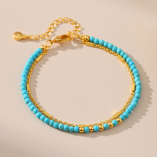 Elegant Turquoise Ethnic Style Bracelet with 18K Gold Plated Chains, Color-Protecting Double Chain Design, Unique Aesthetic Bracelet