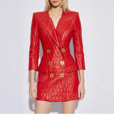 2025 New Retro Red Diamond-Patterned Leather Blazer for Women with Double-Breasted Gold Buttons and Slim Fit Leather Jacket