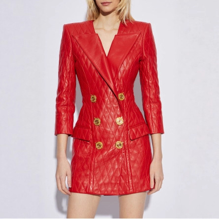 2025 New Retro Red Diamond-Patterned Leather Blazer for Women with Double-Breasted Gold Buttons and Slim Fit Leather Jacket