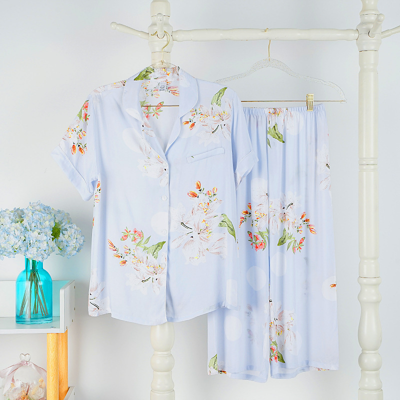 Women's Pajamas Spring and Summer Cotton Silk Cardigan Thin Style Japanese Short-Sleeved Long Pants Can Be Worn Outside Home Wear Set Simple Casual