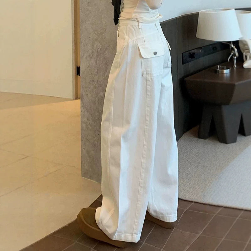 White Wide-Leg Jeans for Women, Straight-Cut, Floor-Length, Suitable for Pear-Shaped Body, High-Waisted, Slimming, Loose, Casual Denim Wide-Leg Pants for Women