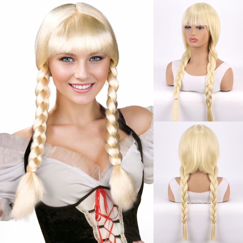European and American Wig Halloween Easter Holiday Double Braid Bangs Beige Cosplay Anime Character