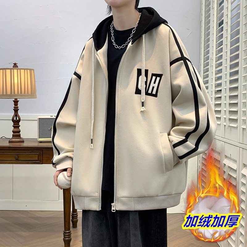 外贸批发连帽棒球服外套男冬季潮牌宽松休闲夹克大码开衫加绒卫衣|undefined
