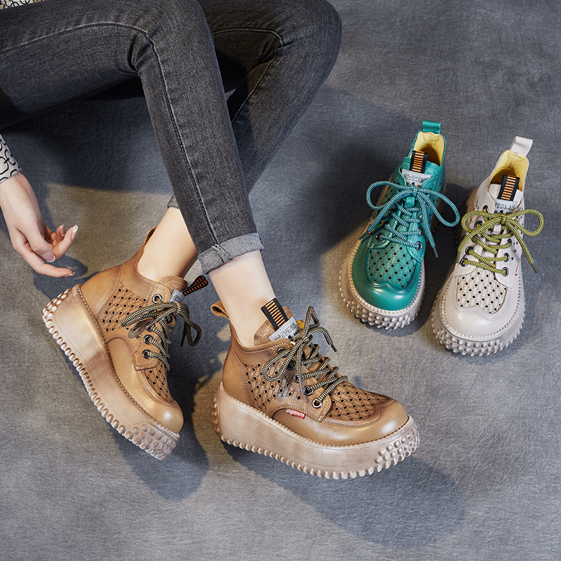 2023 spring and summer sandals women's thick-soled leather hole shoes hollow wedge lace-up beach shoes solid color retro casual shoes