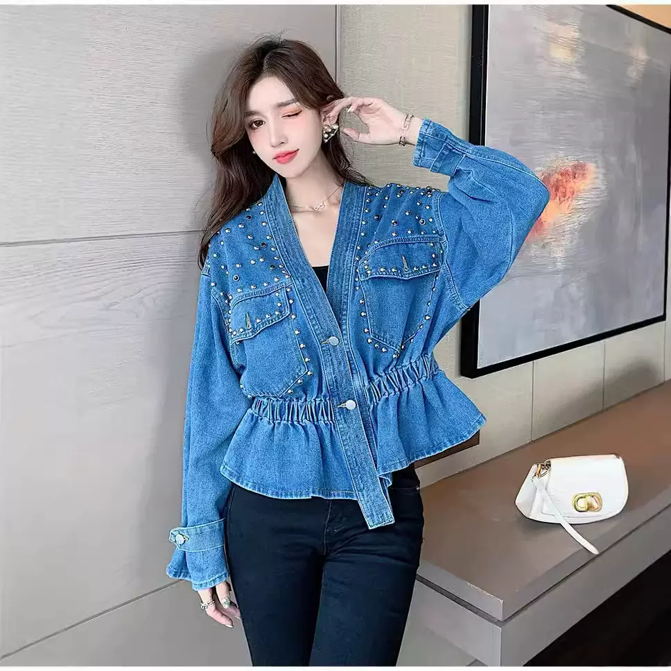 2024春秋爆款牛仔钉珠韩版收腰V领宽松牛仔外套bf时尚百搭女上衣