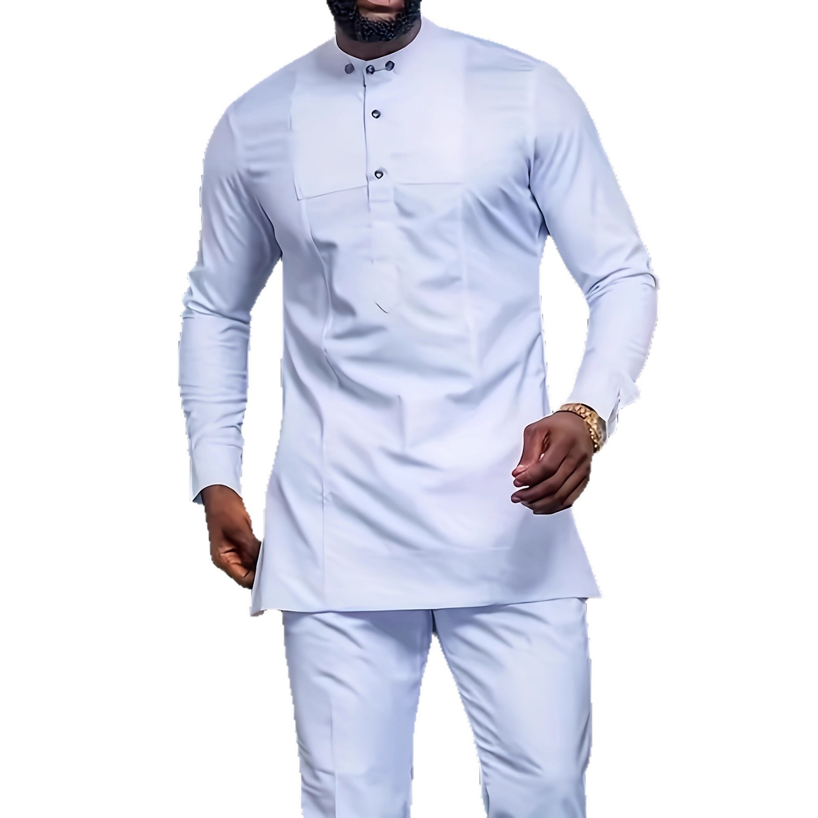 Ensemble vestimentaire pour homme d'inspiration modeste – Chemise élégante à boutons de style ethnique avec broderie traditionnelle, à la fois sobre et stylée pour les occasions spéciales_voghion.com