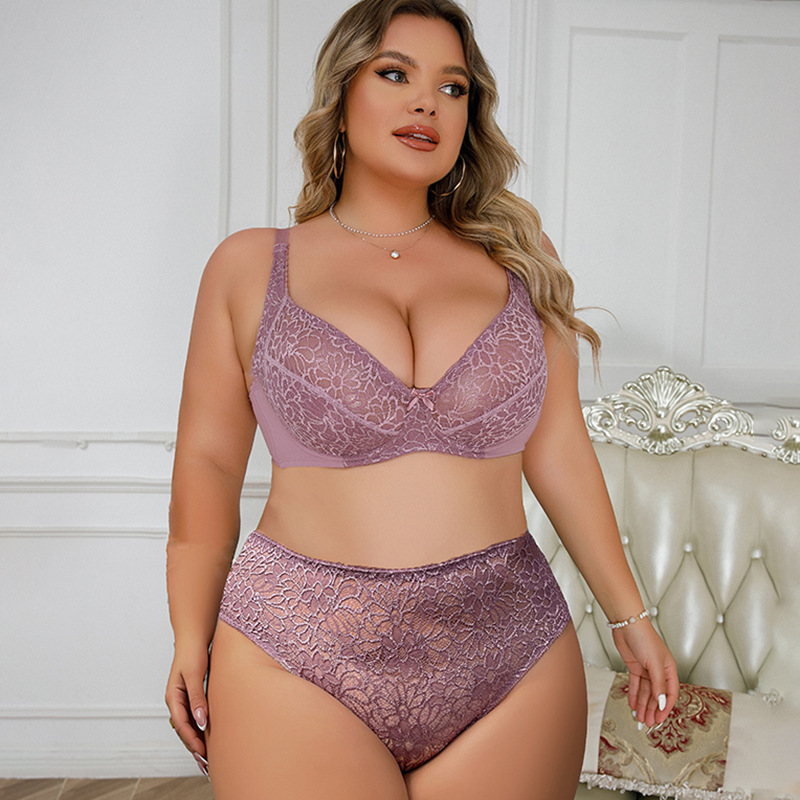 Foreign trade plus size ladies bra suit sexy lace gathered underwear pure perspective briefs manufacturers wholesale