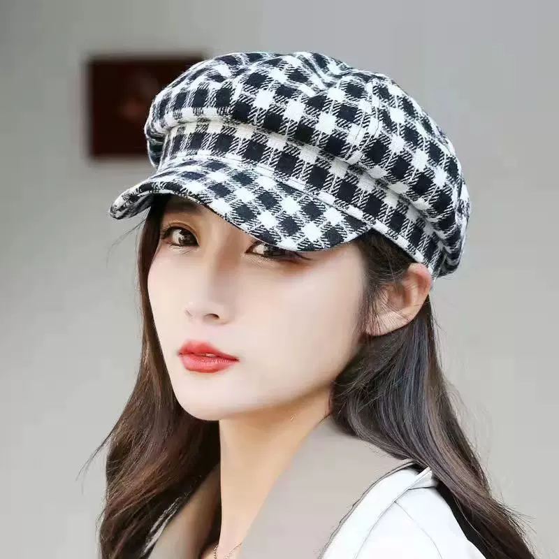 千鸟格帽子女士韩版时尚休闲画家帽格子纯色八角帽学生复古贝雷帽