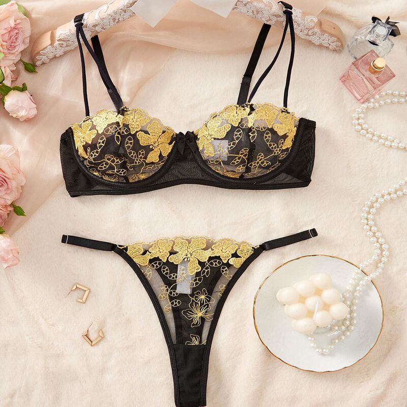 Cross-Border Sexy Lingerie Set, Bra with Gold Embroidery and Lace Design, Panties with a Girlish Touch