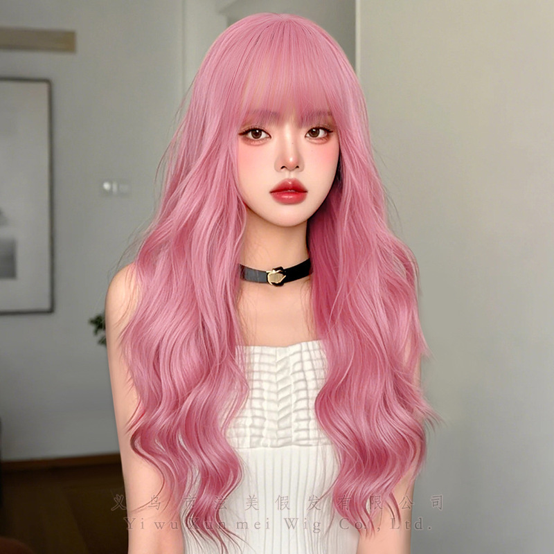 A generation of pink long curly hair neat bangs water ripple wig headgear sweet cute chemical fiber wig