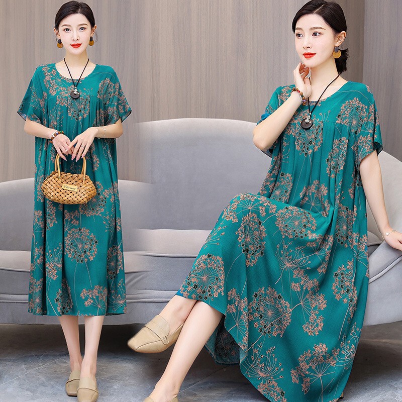 New Middle-Aged Fashionable Mother's Cotton Silk Dress Women's Summer Large Hem Artificial Cotton Long Skirt Mother-In-Law Summer Dress 50 Years Old New Middle-Aged Fashionable Mother's Cotton Silk Dress Women's Summer Large Hem Artificial Cotton Long Skirt Mother-In-Law Summer Dress 50 Years Old