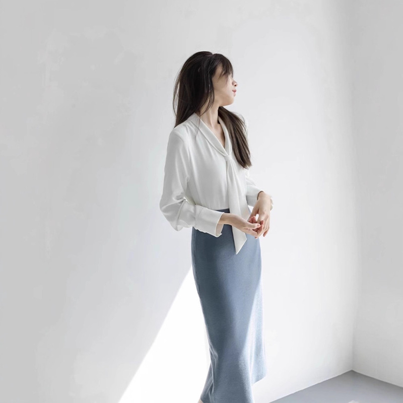 法式飘带衬衫女春秋小个子通勤职业衬衣粉色领气质雪纺上衣|undefined