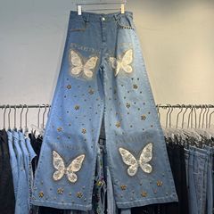 美式重工2025秋季字母蝴蝶烫钻设计牛仔裤女镶钻直筒显瘦长裤子