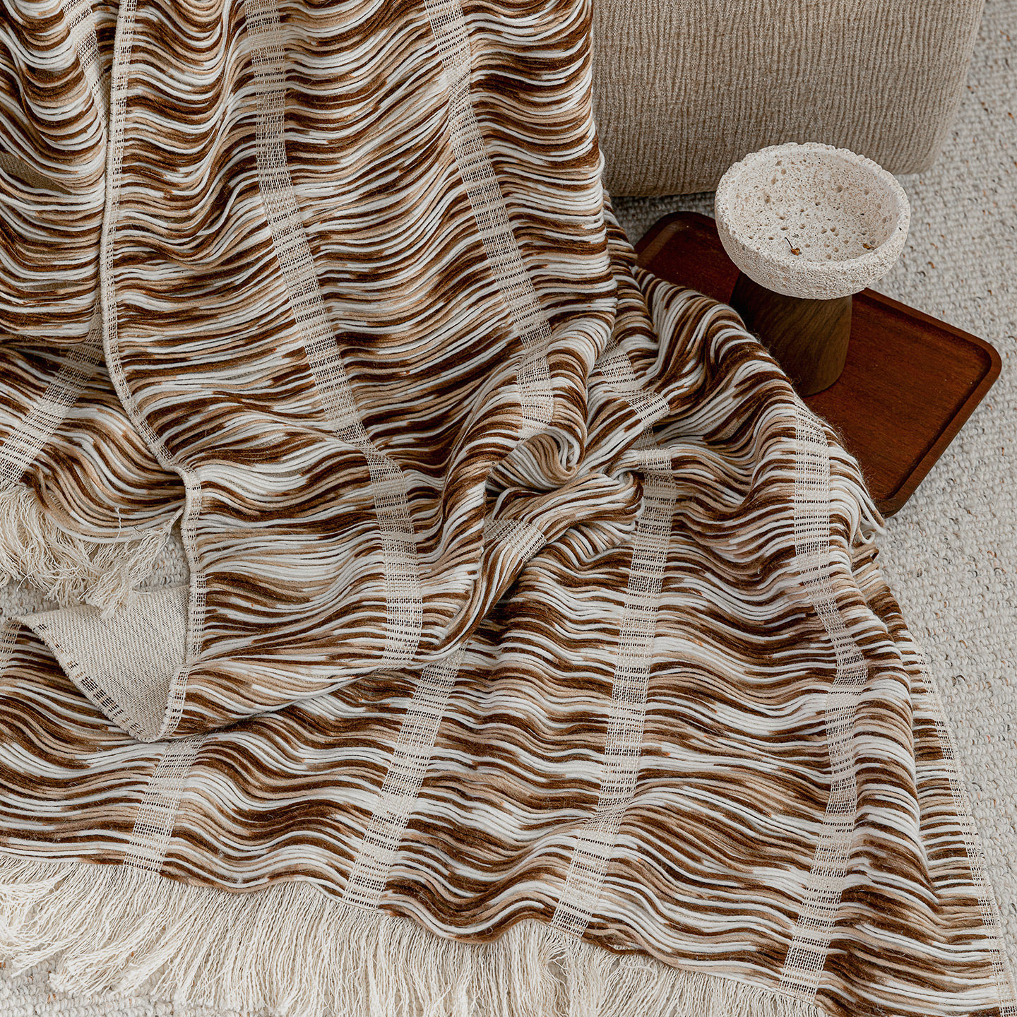 Vintage Wabi-Sabi Style Coffee-Colored Tassel Throw Blanket, Hotel and Guesthouse Bed End Blanket, Throw Blanket, Cover Blanket, Model Room Soft Decoration Bed Runner