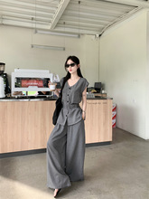 灰色气质单排扣无袖马甲背心女夏季时尚套装高腰休闲阔腿裤两件套