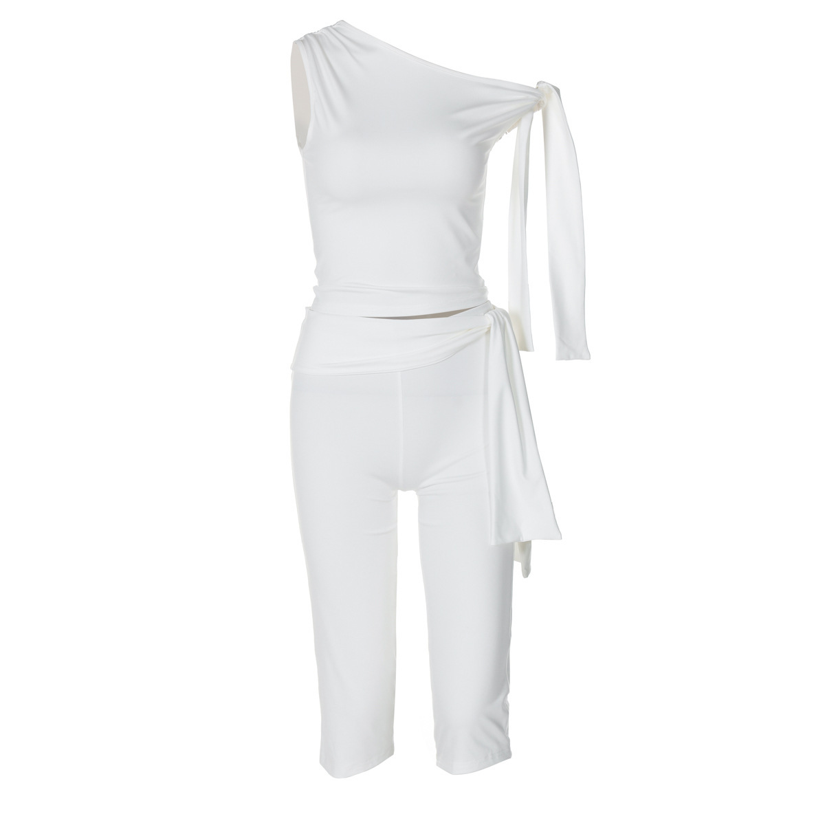 Women's Clothing Women's Sleeveless Asymmetrical Neck Top And Tie Shorts Versatile Set Slim Fit Street Style Fashion Autumn_ecoleips.com