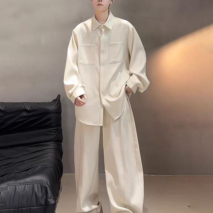 New American Retro Long-Sleeved Shirt for Men, a Complete Set of Workwear Shirts and Pants for Spring and Autumn