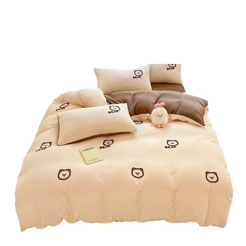 Cute Cartoon Milk Velvet Four-Piece Set Embroidered Baby Velvet Three-Piece Set Dual-Side Velvet Dorm Bedding for Autumn and Winter