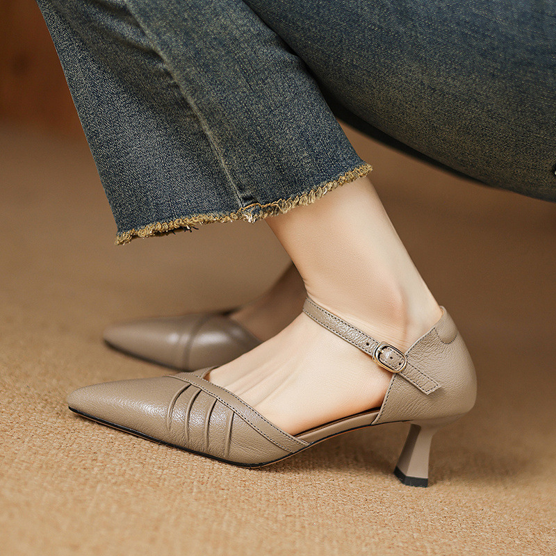 Giày sandal cao gót nữ quai ngang mũi nhọn da cừu gót 5,5 cm — đen