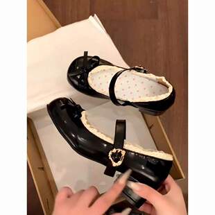 Black Retro Mary Jane Shoes for Women 2025 Spring Round Toe Bow Thick Sole Small Leather Shoes Thick Heel Shallow Mouth Flats
