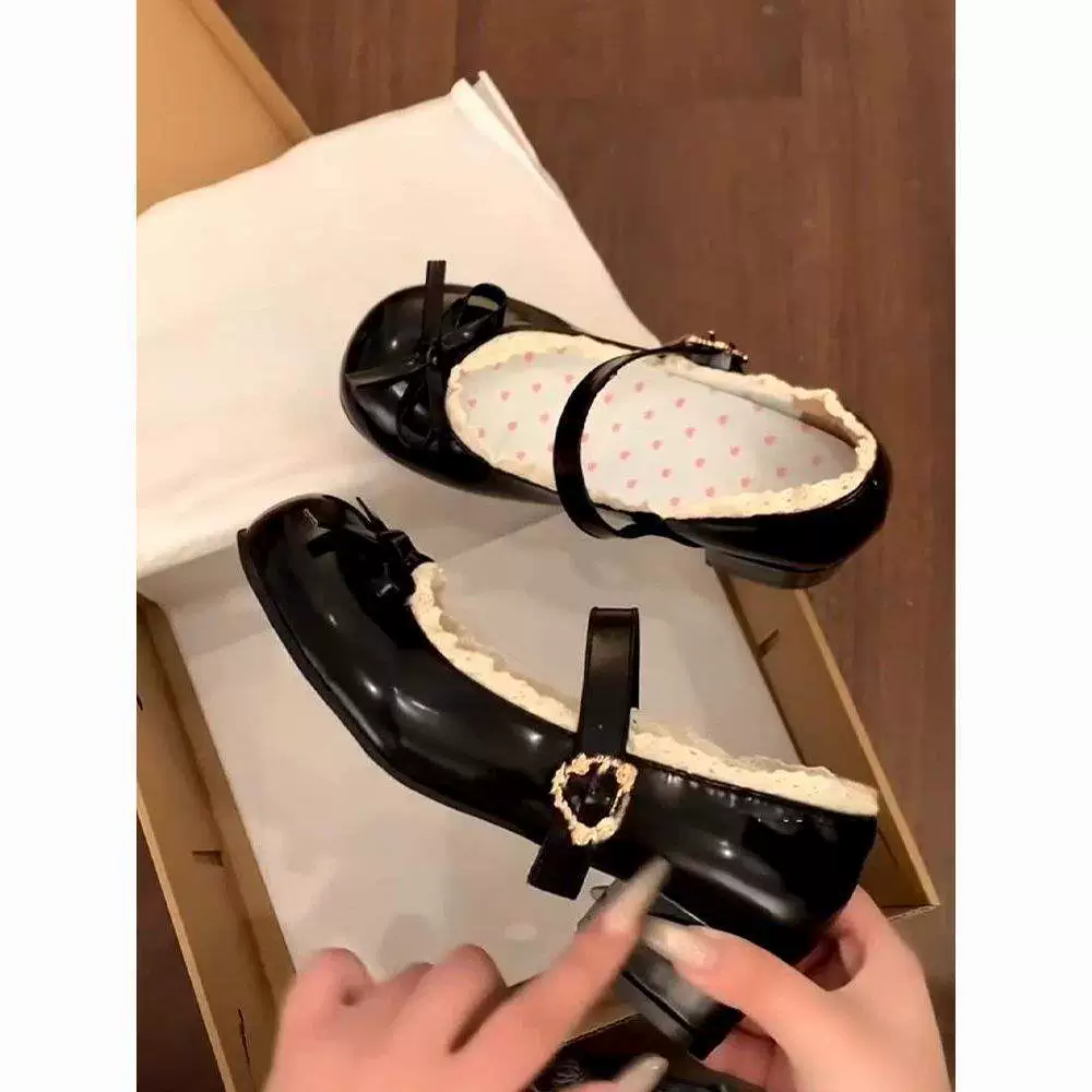 Черные ретро туфли Мэри Джейн для женщин весна 2025, круглый носок, бант, толстая подошва, маленькие кожаные туфли, толстый каблук, неглубокий вырез, балетки