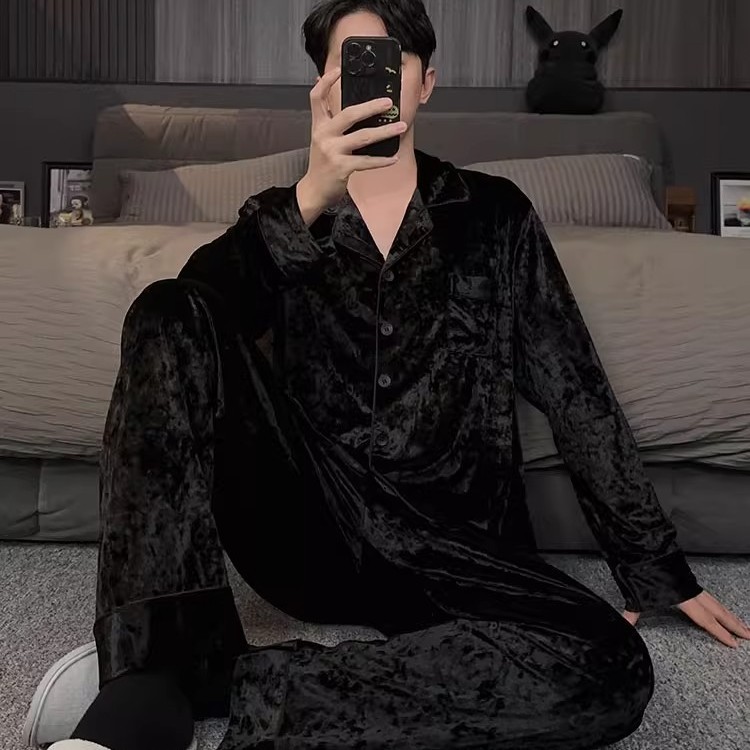 2025 New High-End Black Gold Diamond Velvet Pajamas Men's Autumn and Winter Gold Velvet Men's Home Wear Set