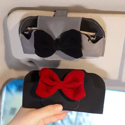 Car-Mounted Glasses Case with Bowknot, Pu Leather Glasses Clip, Car Sun Visor Sunglasses Storage Clip, Magnetic Glasses Clip