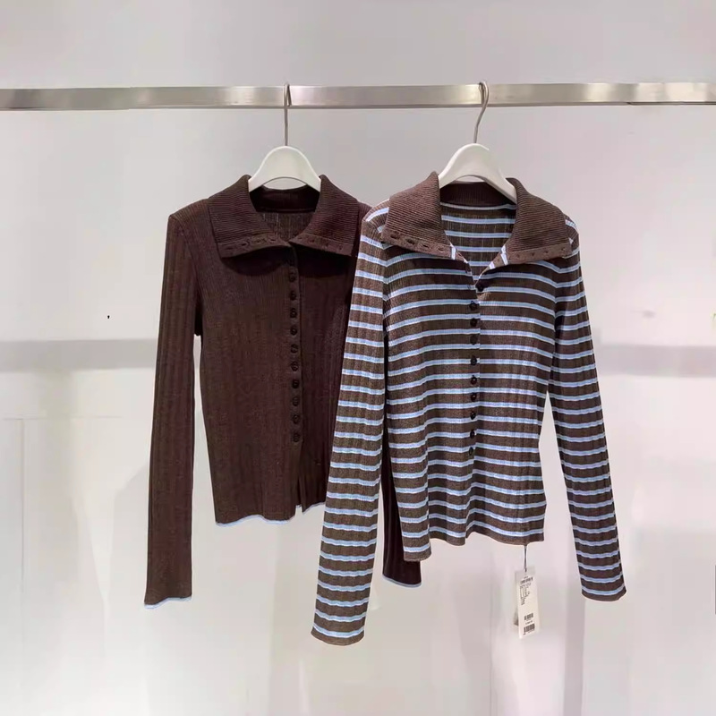 Mm Mai Mai 26 Spring Style Merino Wool Lapel Striped Knitted Cardigan Women's Slim Fit Sweater 4H8131661