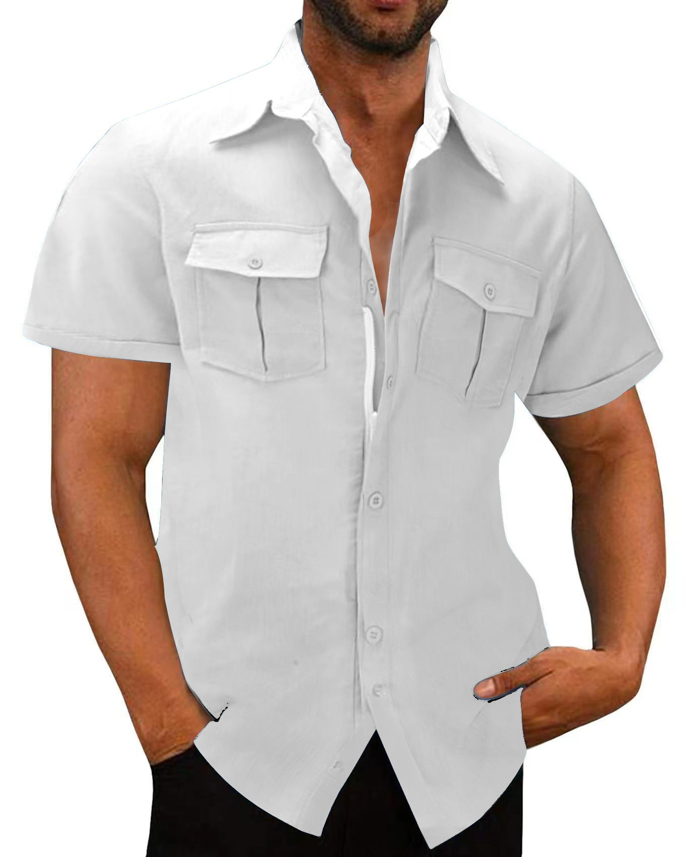 2023 amazon ebay aliexpress verano color sólido de manga corta de los hombres de algodón y lino de bolsillo de control de acceso cremallera ropa de trabajo camisa