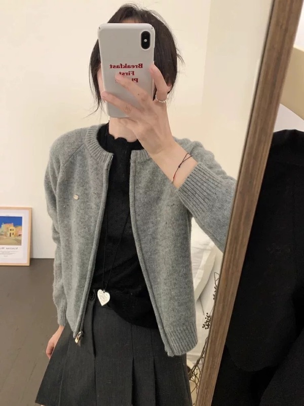 2025秋冬新款拉链开衫女100羊毛衫女欧货厚款短款羊绒毛衣外套|undefined
