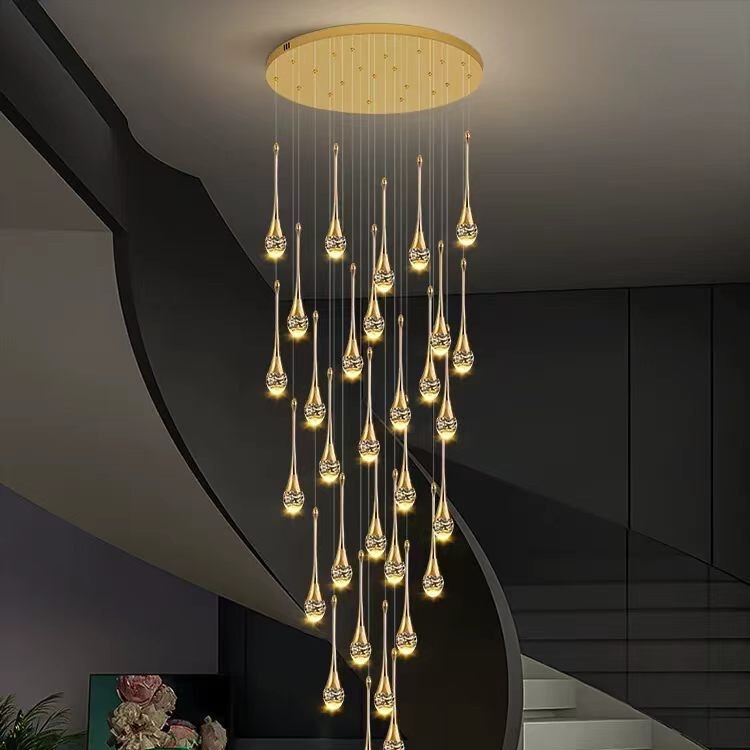 Light Luxury Staircase Water Drop Large Chandelier, Double Spiral Small Duplex Villa Living Room High-Ceiling Rotating Crystal Long Chandelier Light Luxury Staircase Water Drop Large Chandelier, Double Spiral Small Duplex Villa Living Room High-Ceiling Rotating Crystal Long Chandelier