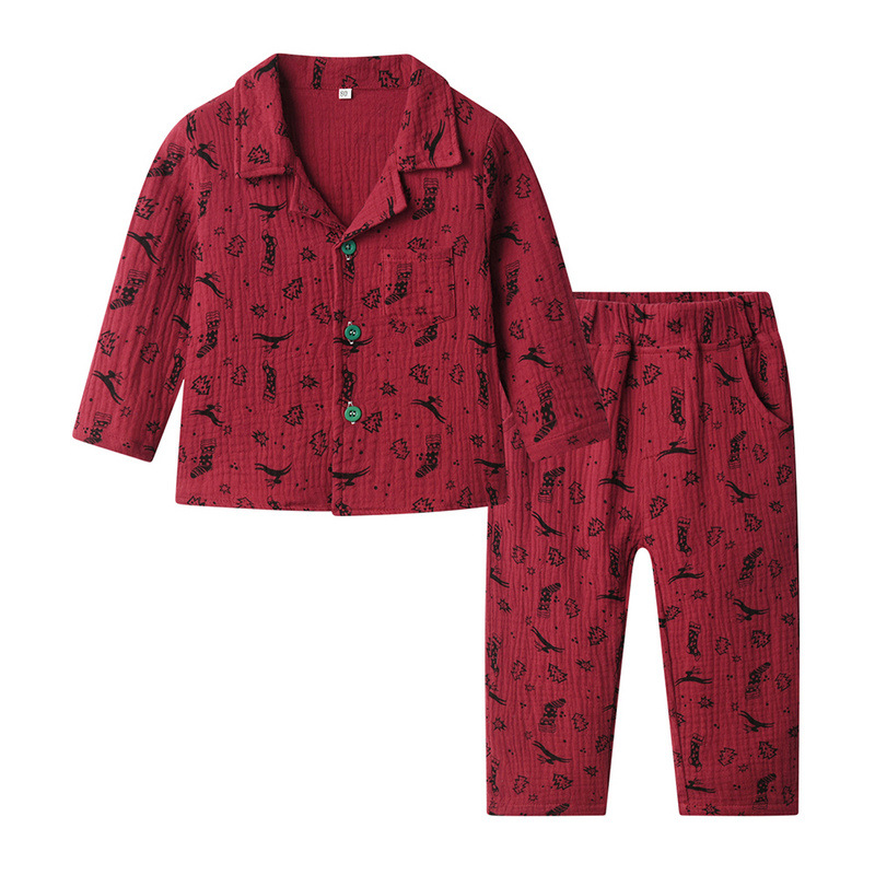 Pijamas infantiles europeos y estadounidenses, camisetas de algodón de mangas largas para niños y niñas, primavera y otoño, impresión de Navidad, nueva ropa de hogar de dos piezas