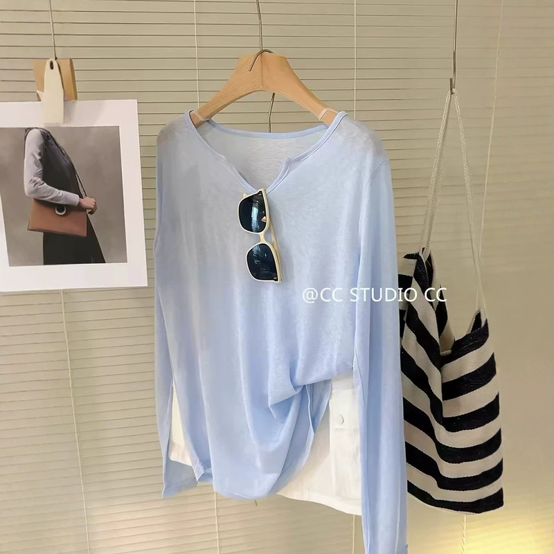 Thin, Cool-Feeling V-Neck Loose-Fitting Slimming Tencel Snowflake Cotton Solid Color Long-Sleeve T-Shirt Sun Protection Cover-Up Top for Women in Summer Thin, Cool-Feeling V-Neck Loose-Fitting Slimming Tencel Snowflake Cotton Solid Color Long-Sleeve T-Shirt Sun Protection Cover-Up Top for Women in Summer