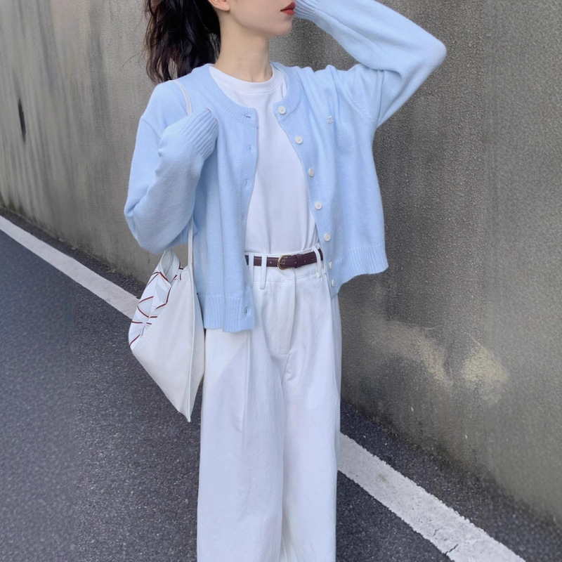 软糯感浅蓝色针织开衫毛衣外套女秋季新款简约百搭短款上衣外套|undefined