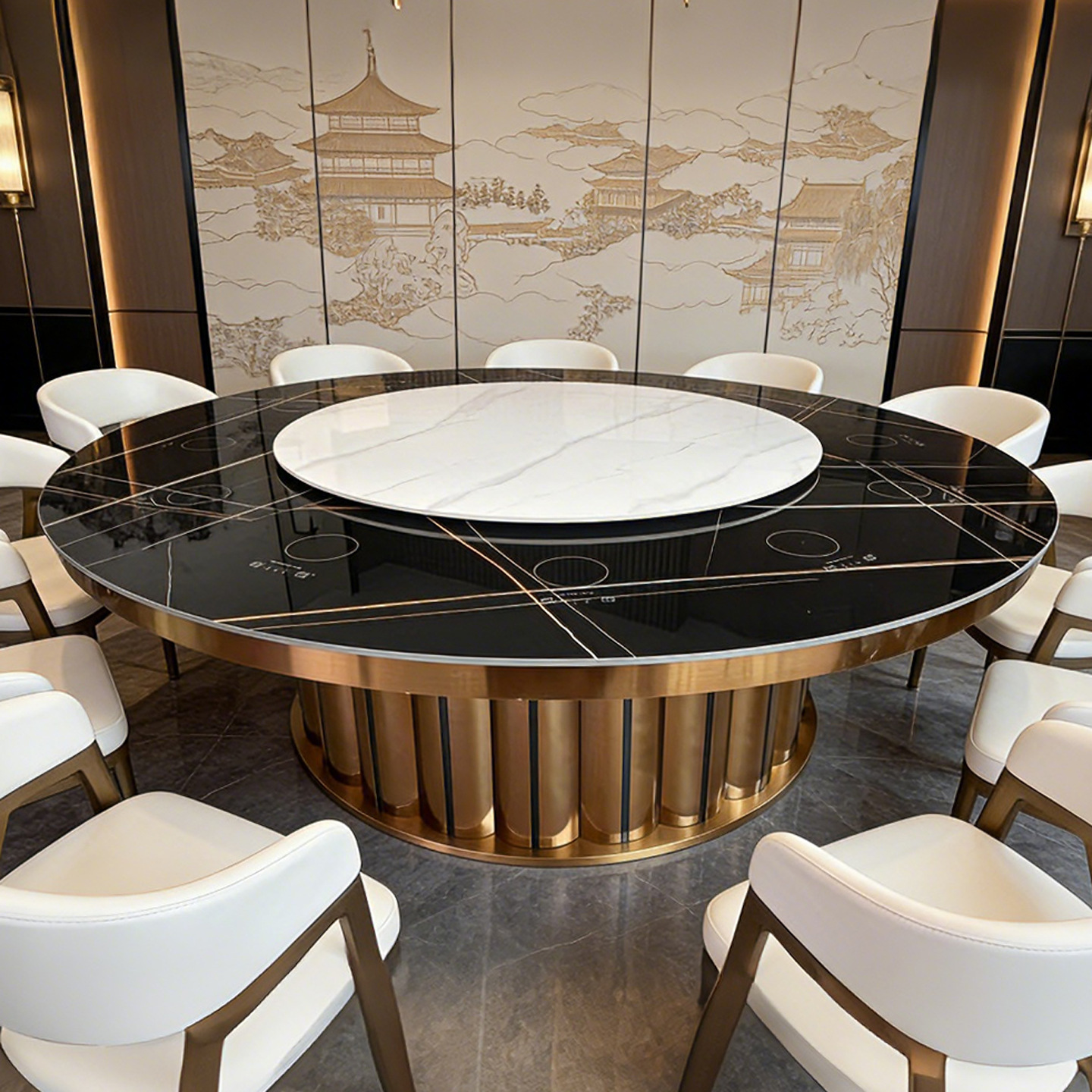 Hotel Dining Table Electric Large Round Table with Stone Slab Hot Pot and Integrated Induction Cooker for Clubhouse Villa Private Room, 20-Person Large Round Table