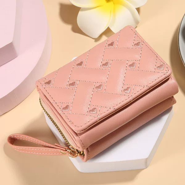2025 New Model Women's Short Wallet Simple Embroidered Heart Pu 70% off Card Holder Multi-Card Slot Wallet Money Clip