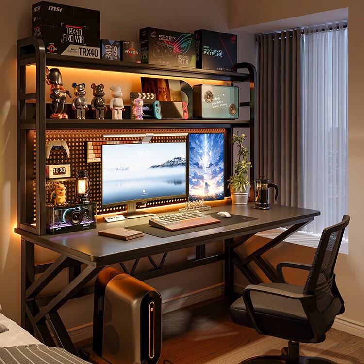 Desk, Desktop, Bedroom, Home, Gaming Desk, Bookshelf Integrated Computer Desk, Office Desk, Pegboard, Gaming Desk and Chair Set
