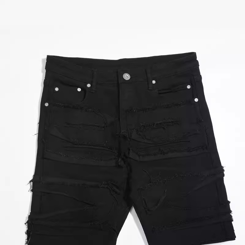 Men's Clothing High Street Fashion Brand Washed Distressed Ripped Black Zipper Black Cow Patchwork Jeans_voghion.com
