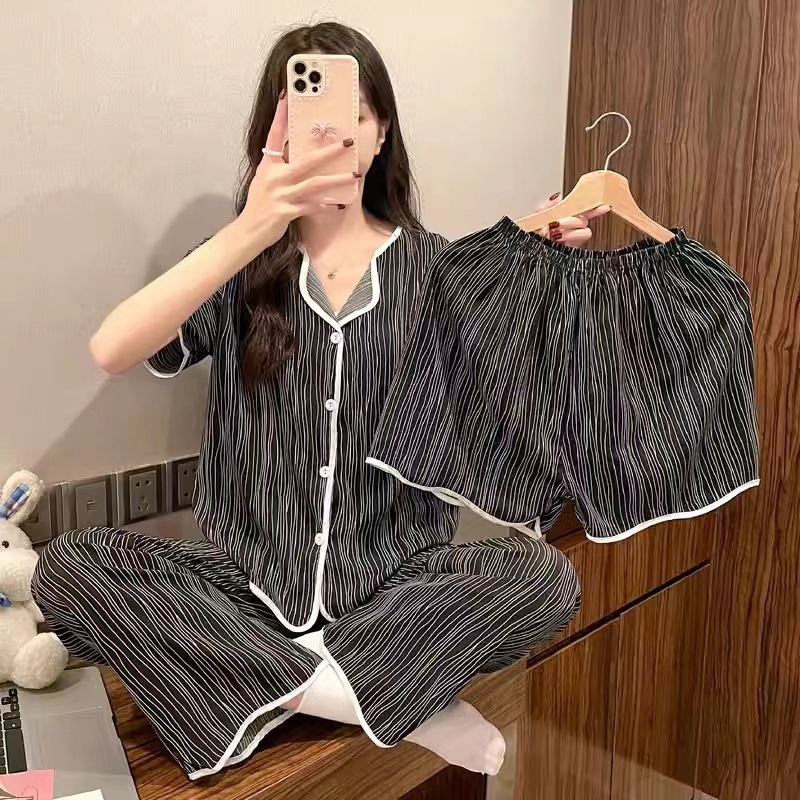 Explosión de tres piezas Cardigan pijama de mujer de verano de mangas cortas pantalones largos delgados se pueden usar dibujos animados dulce conjunto de ropa para el hogar