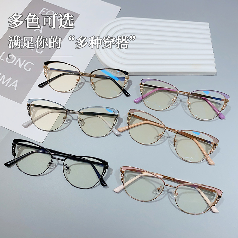 2023 Autumn New retro eyebrow two-color point diamond cross-border metal anti-blue light glasses men and women cat eye plain glasses